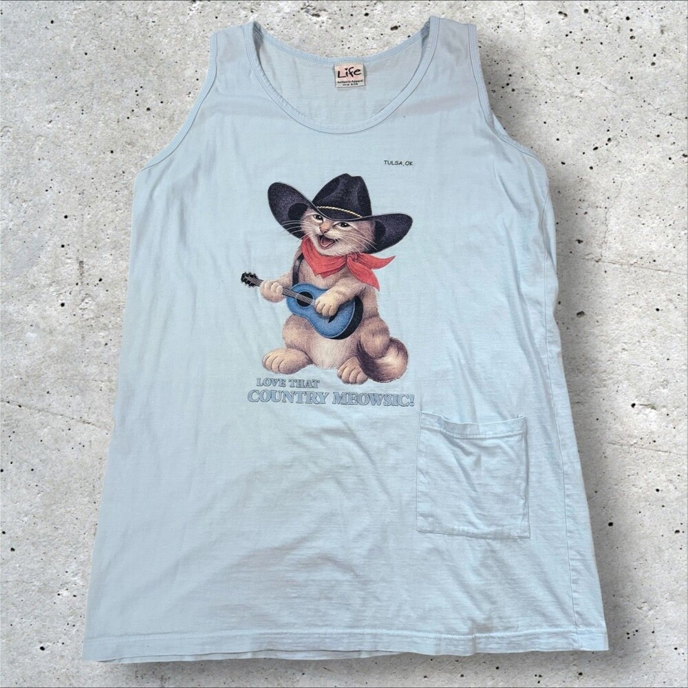 Vtg Country Meowsic Cat Cowboy Hat Guitar Shirt Dress Tank Top OS Blue